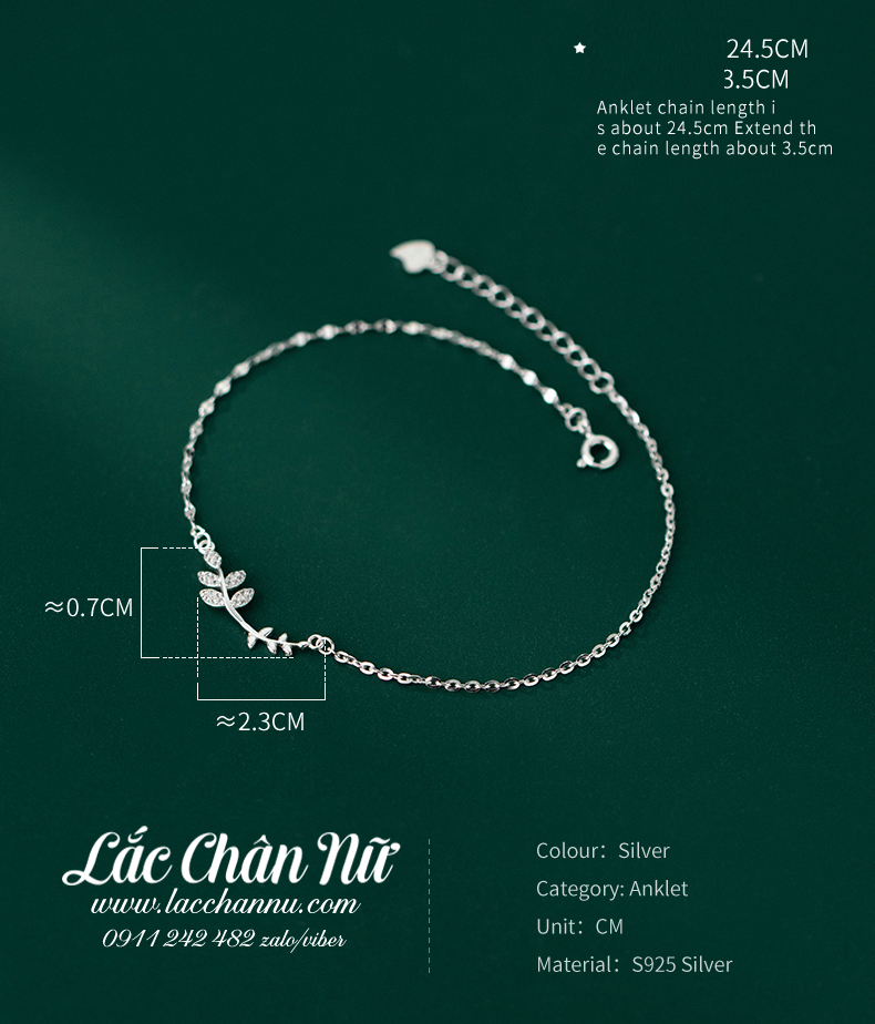 Lắc chân bạc hình chiếc lá lấp lánh LCBN288